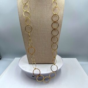VTG Long Gold Hammered Circle Link Station Necklace Boho Chic Layering Jewelry